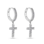 Sterling Rhodium Plated 925 Sterling Silver Moissanite Cross Hoop Earring